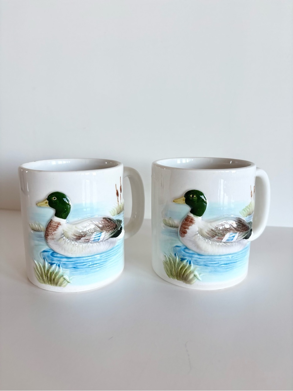 Vintage Otagiri Japan Embossed Mallard Duck in Reeds Ceramic Mugs